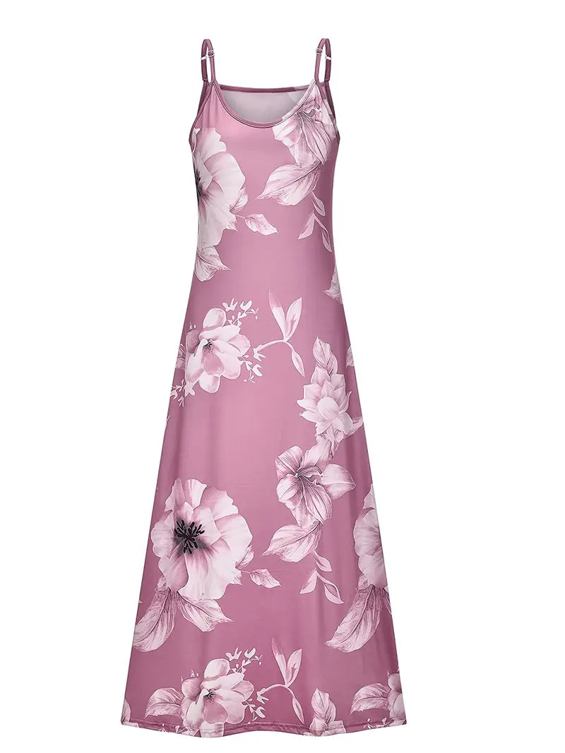 Floral Print Casual Crew Neck Ankle Cami Spaghetti Dress